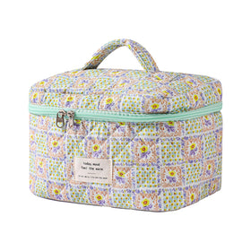 Front view of uekeboag Large Travel Quilted Makeup Bag in floral design