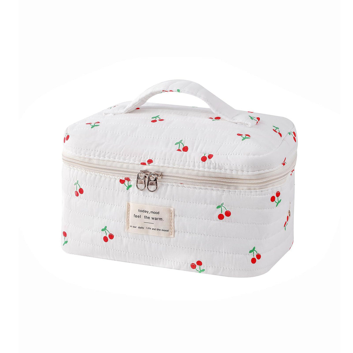Front view of uekeboag Large Travel Quilted Makeup Bag in floral design