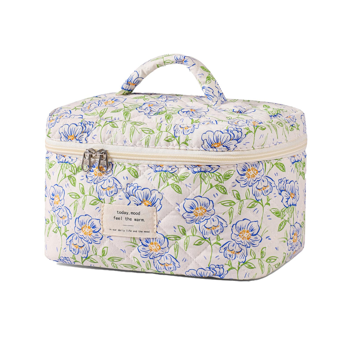 Front view of uekeboag Large Travel Quilted Makeup Bag in floral design