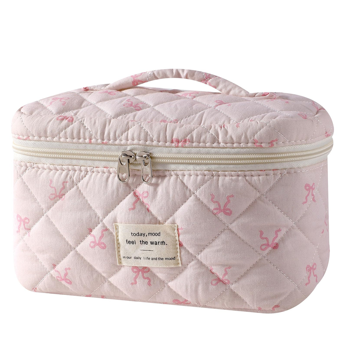 Front view of uekeboag Large Travel Quilted Makeup Bag in floral design