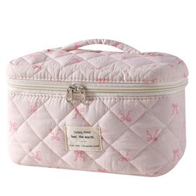 Front view of uekeboag Large Travel Quilted Makeup Bag in floral design