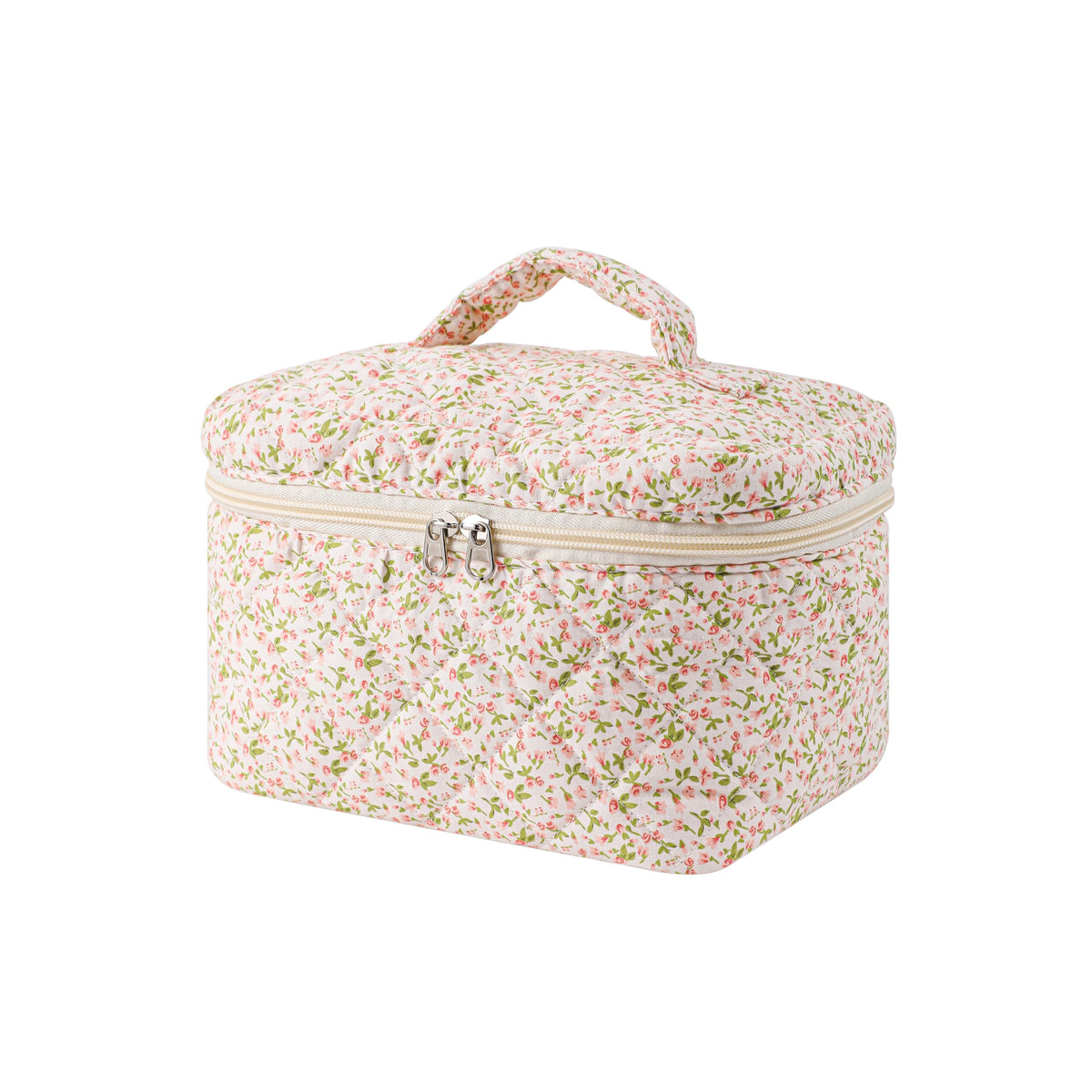 Front view of uekeboag Large Travel Quilted Makeup Bag in floral design