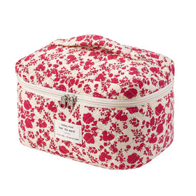 Front view of uekeboag Large Travel Quilted Makeup Bag in hot pink floral design