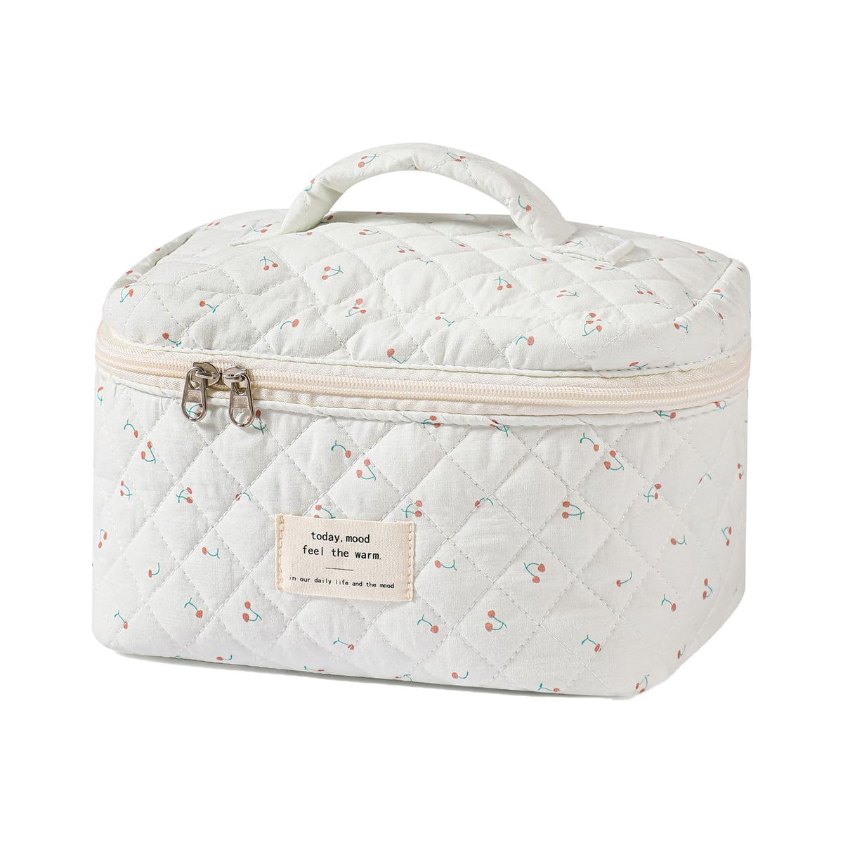Front view of uekeboag Large Travel Quilted Makeup Bag in White-Cherry floral design