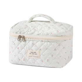 Front view of uekeboag Large Travel Quilted Makeup Bag in White-Cherry floral design