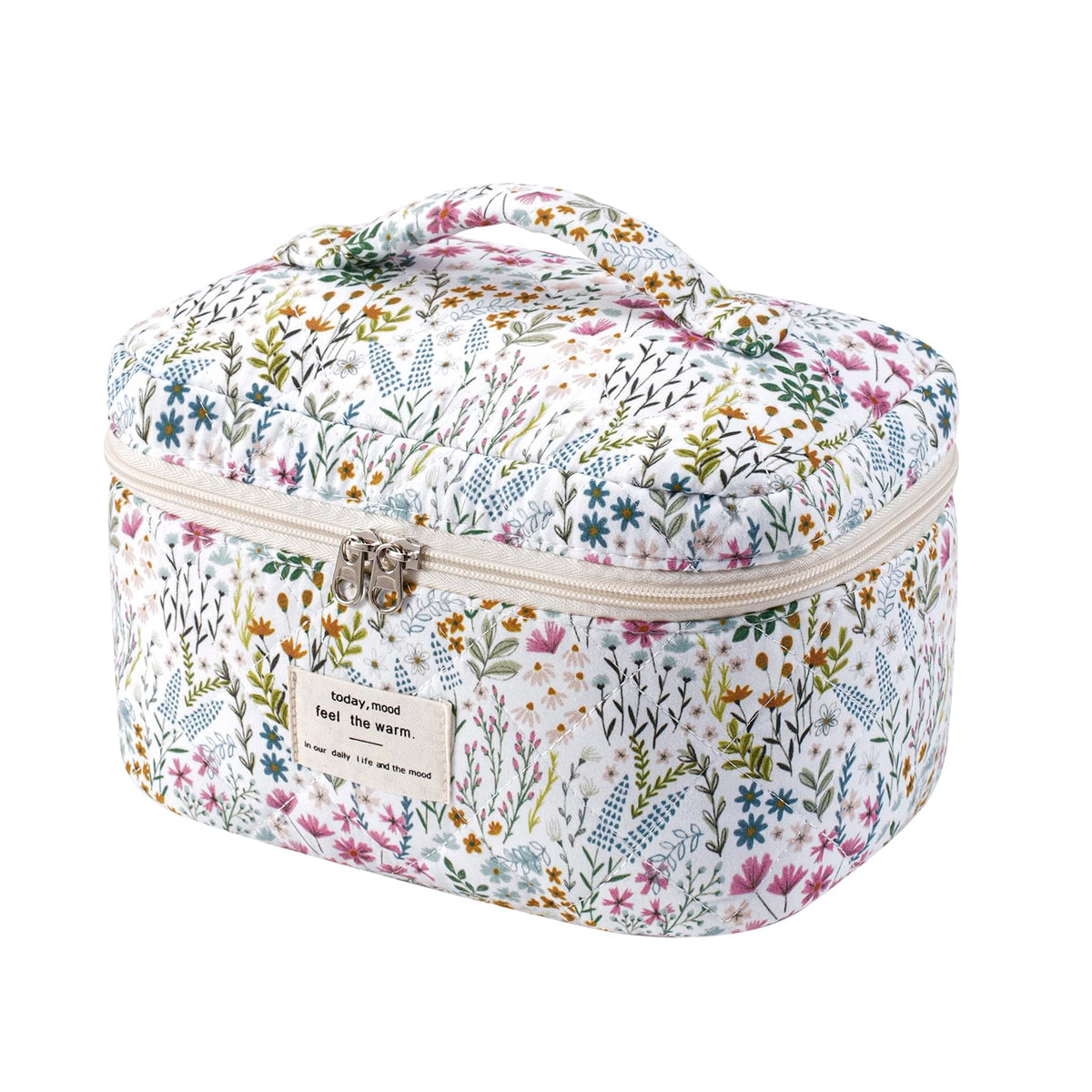 Front view of uekeboag Large Travel Quilted Makeup Bag with floral design