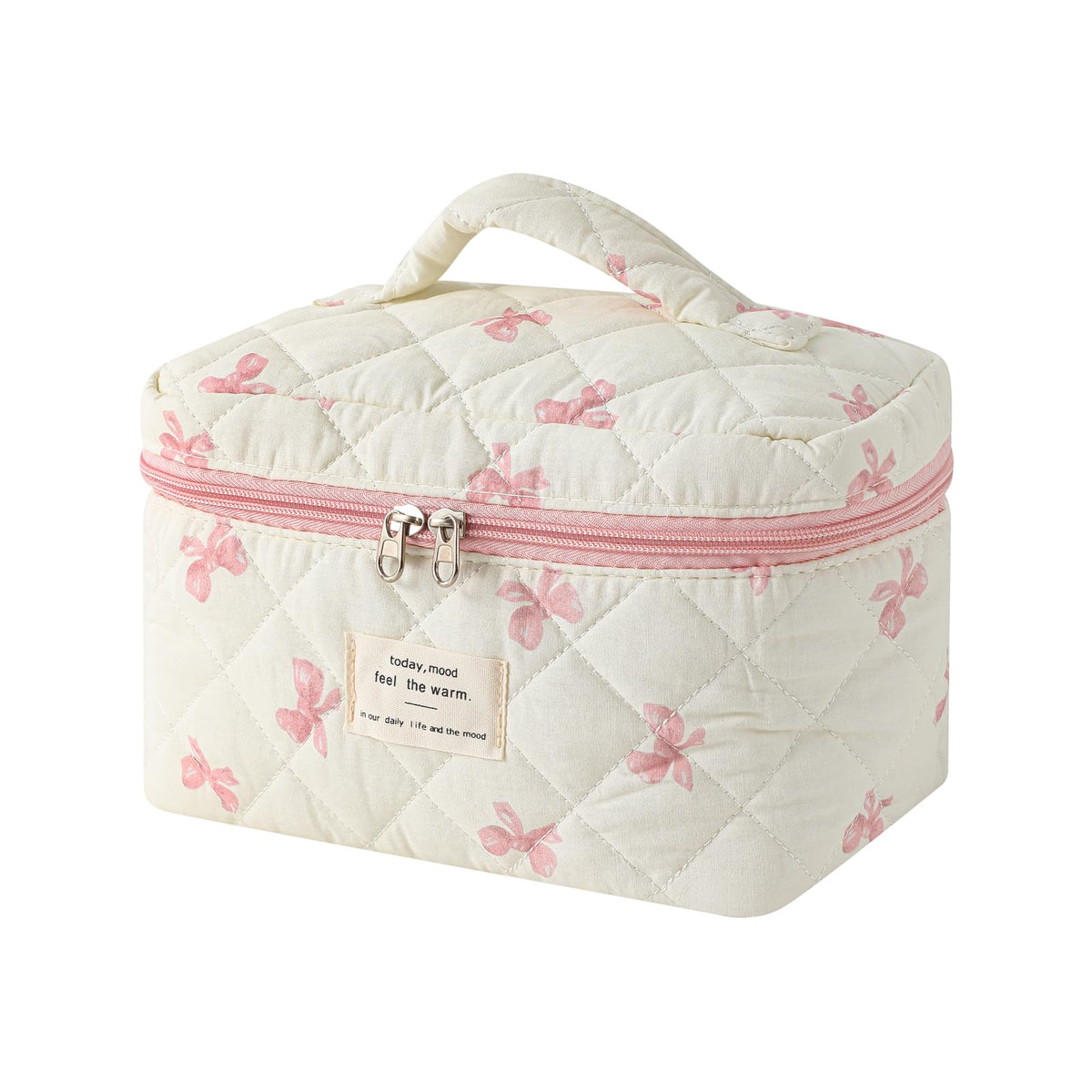 Front view of uekeboag Large Travel Quilted Makeup Bag with floral pattern