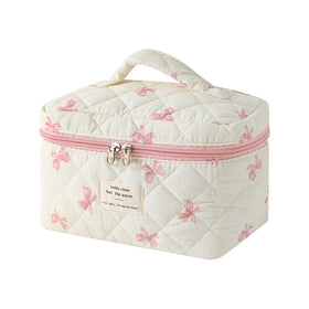 Front view of uekeboag Large Travel Quilted Makeup Bag with floral pattern