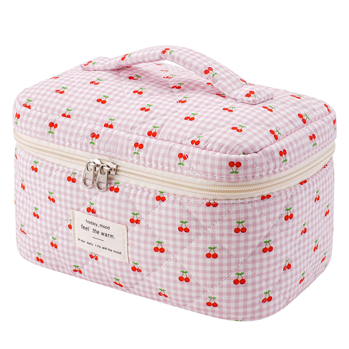 Front view of uekeboag Large Travel Quilted Makeup Bag with floral pattern