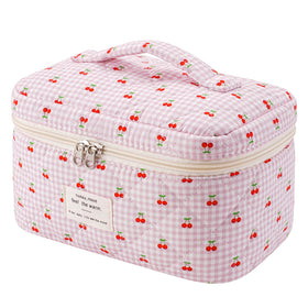Front view of uekeboag Large Travel Quilted Makeup Bag with floral pattern