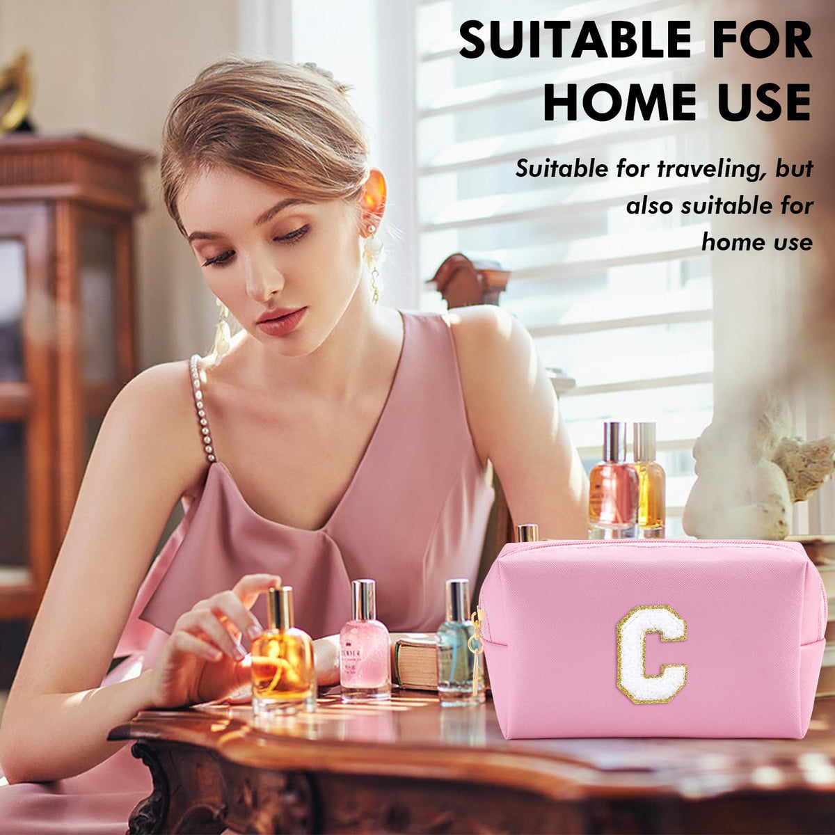Front view of URSKYTOUS Initial Makeup Bag showing letter design