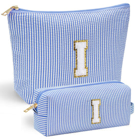 Front view of YOOLIFE Cute Blue Makeup Bag with stitch chenille letter