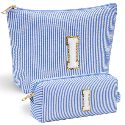 Front view of YOOLIFE Cute Blue Makeup Bag with stitch chenille letter
