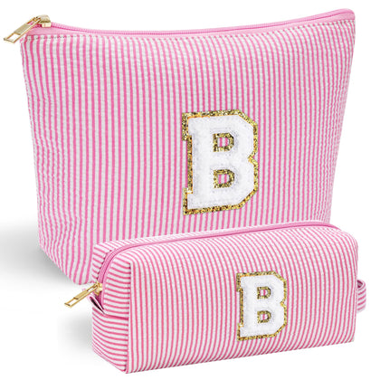Front view of YOOLIFE Initial Makeup Bag in pink with chenille letter