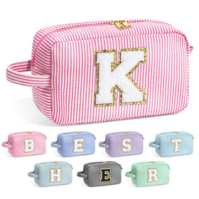 Front view of YOOLIFE Initial Makeup Bag in pink with initial design
