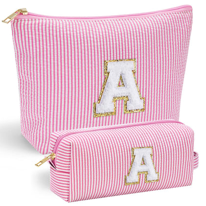 Front view of YOOLIFE Initial Makeup Bag in pink with stitched letter