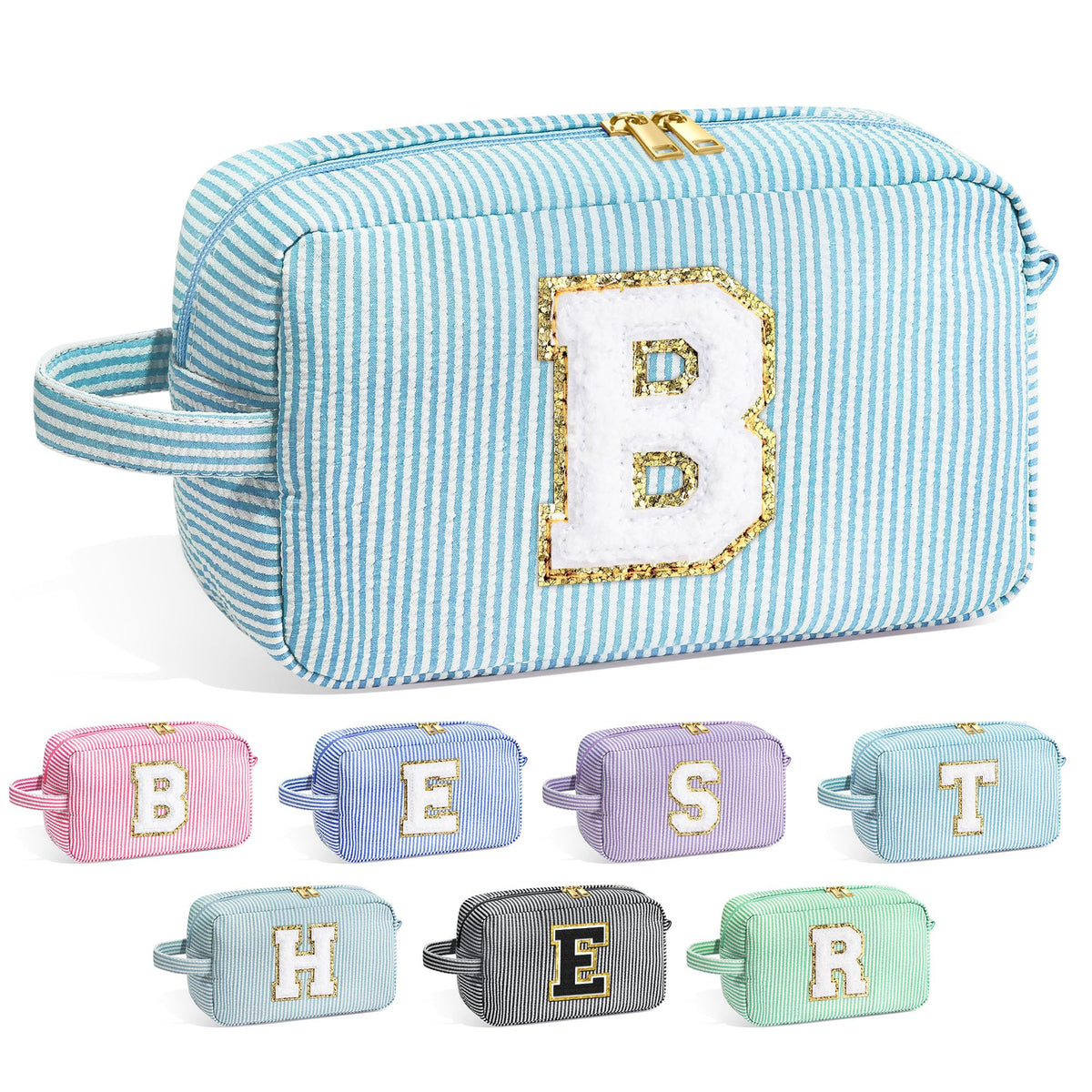 Front view of YOOLIFE Personalised Initial Makeup Bag in light blue