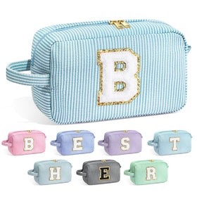 Front view of YOOLIFE Personalised Initial Makeup Bag in light blue