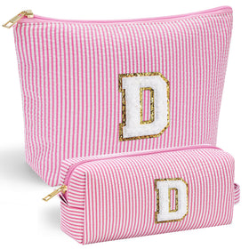 Front view of YOOLIFE personalised pink cosmetic makeup bag with initial