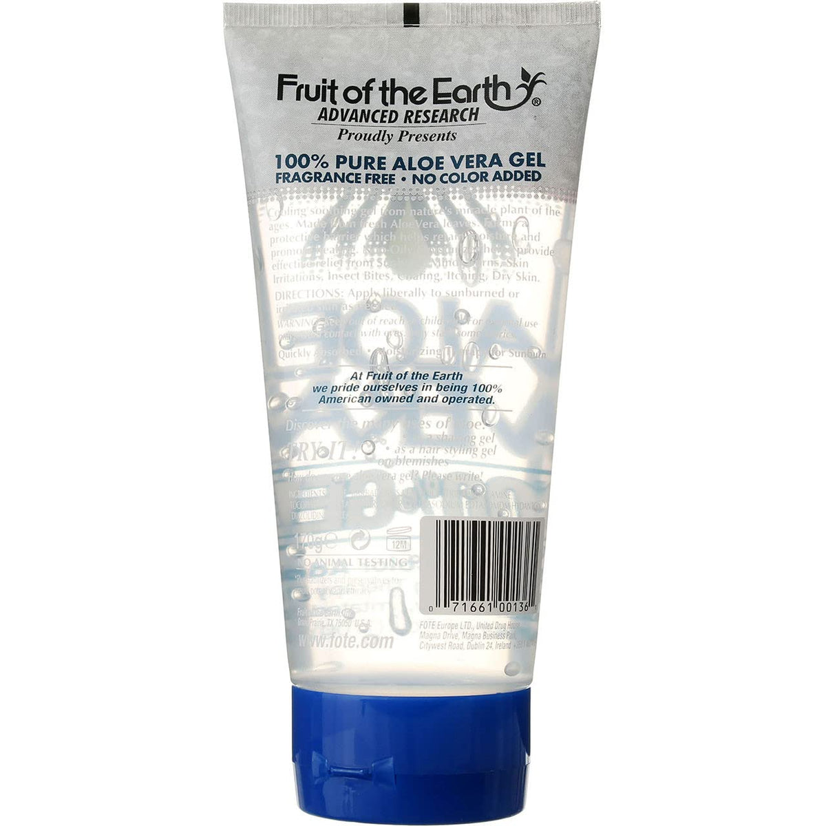 Fruit of the Earth Aloe Vera Gel 6oz tube on a bathroom countertop