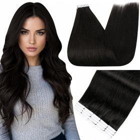Fshine Hair Extensions Tape in Natural Black 22 Inch front view