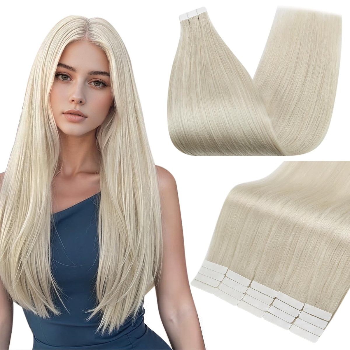 Fshine Human Hair Tape in Extensions 22 Inch Ice Blonde front view