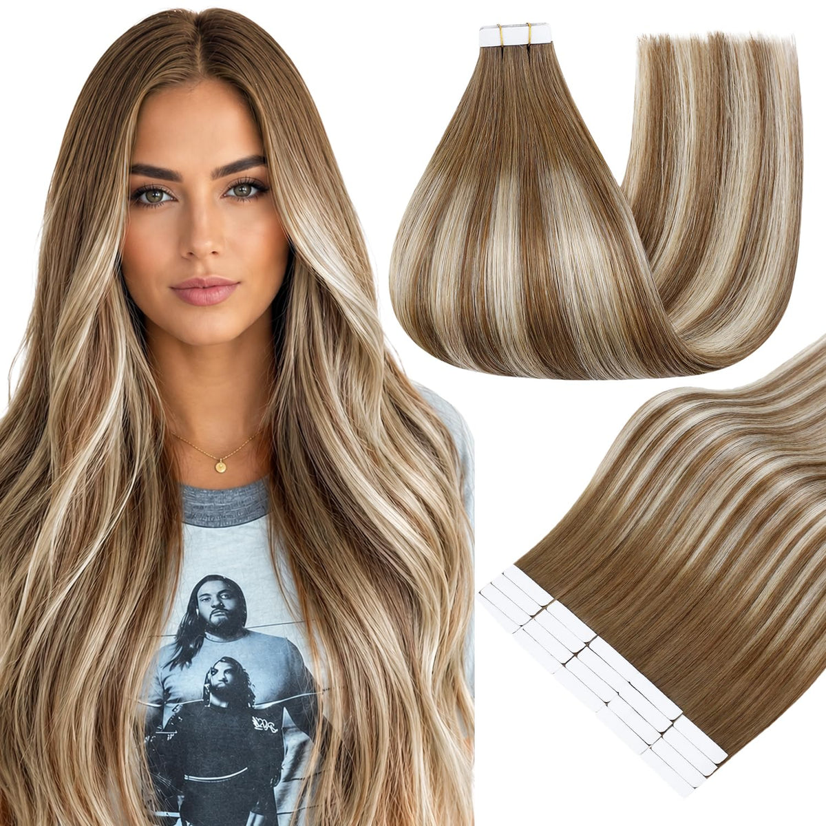 Fshine Tape In Hair Extensions 14 Inch Brown Caramel Blonde Ombre front view