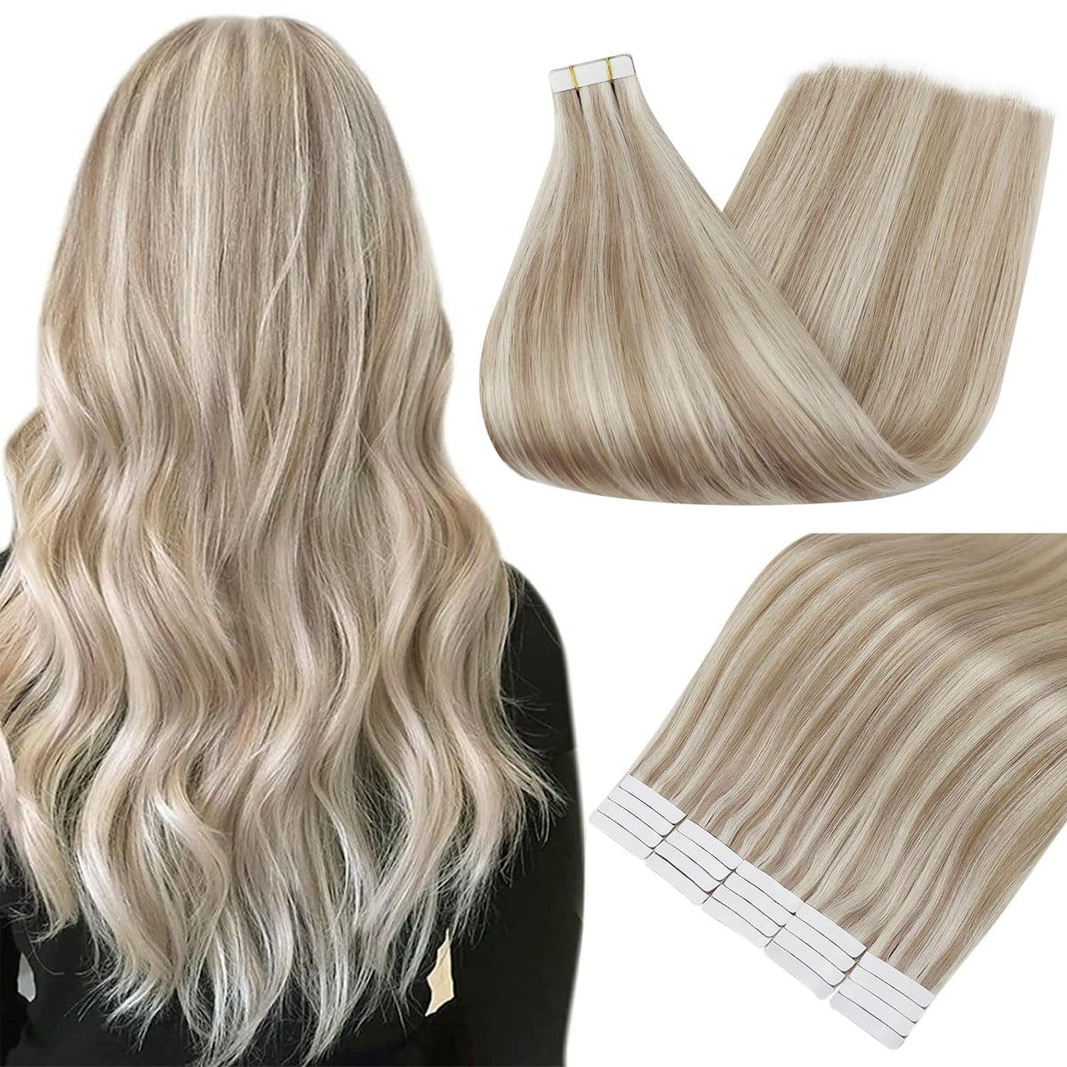 Fshine Tape in Hair Extensions 16 Inch Dirty Blonde Mix front view