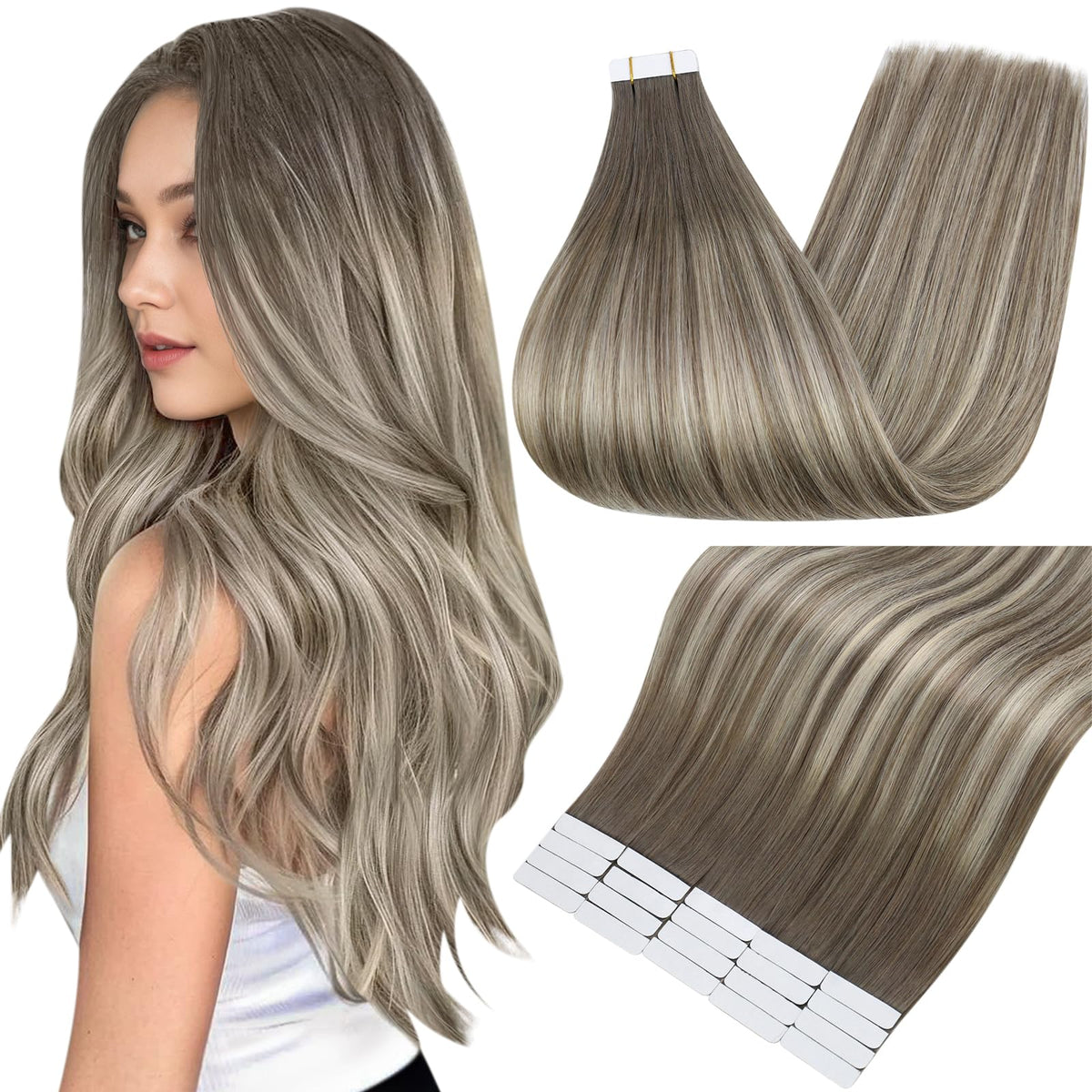 Fshine Tape In Hair Extensions 20 Inch Mushroom Ash Blonde Ombre front view