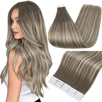 Fshine Tape In Hair Extensions 20 Inch Mushroom Ash Blonde Ombre front view