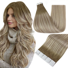 Fshine Tape In Hair Extensions Ash Brown Blonde Ombre front view