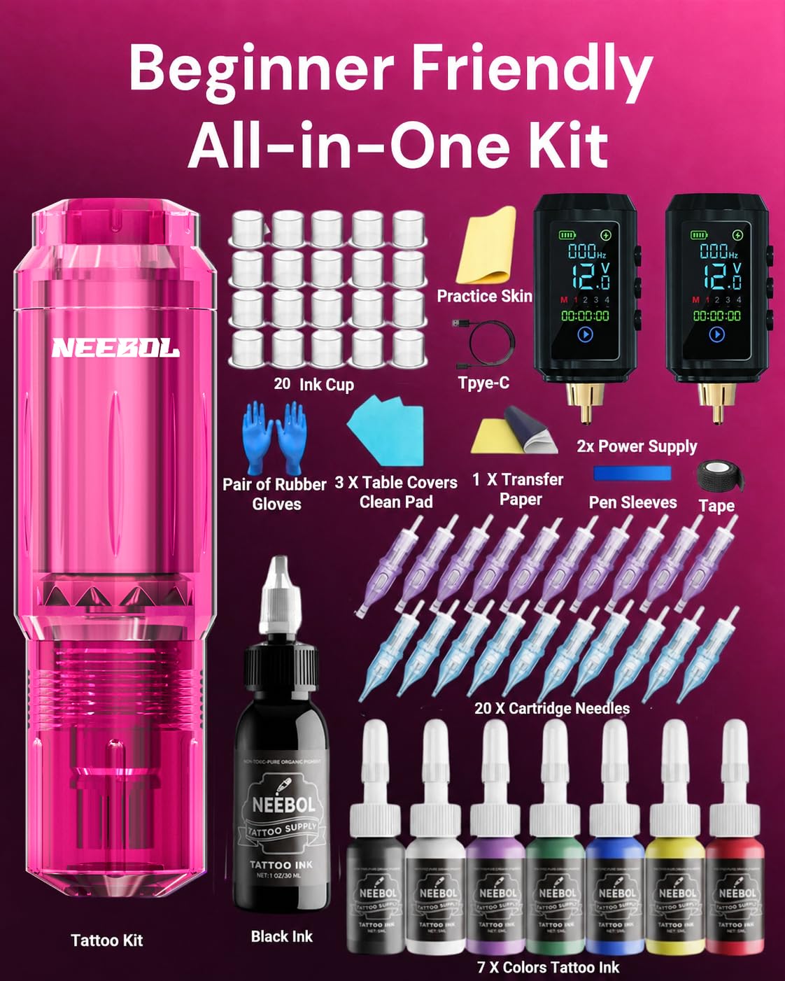 Full colour ink set included in Neebol tattoo kit