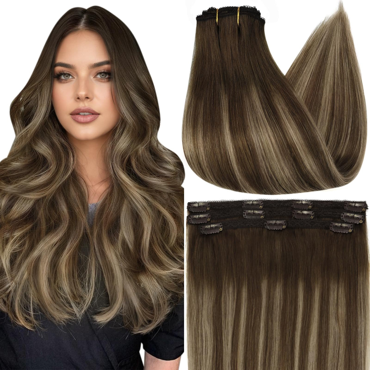 Full Shine 12 Inch Brown Clip In Hair Extensions front view