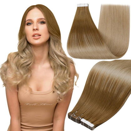 Full Shine 12 Inch Chestnut Blonde Tape In Hair Extensions front view