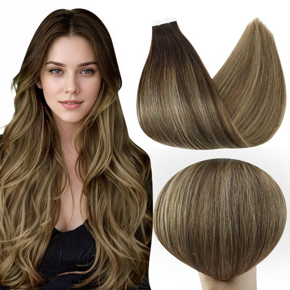 Full Shine 12 Inch Tape In Hair Extensions Off Black Honey Blonde front view