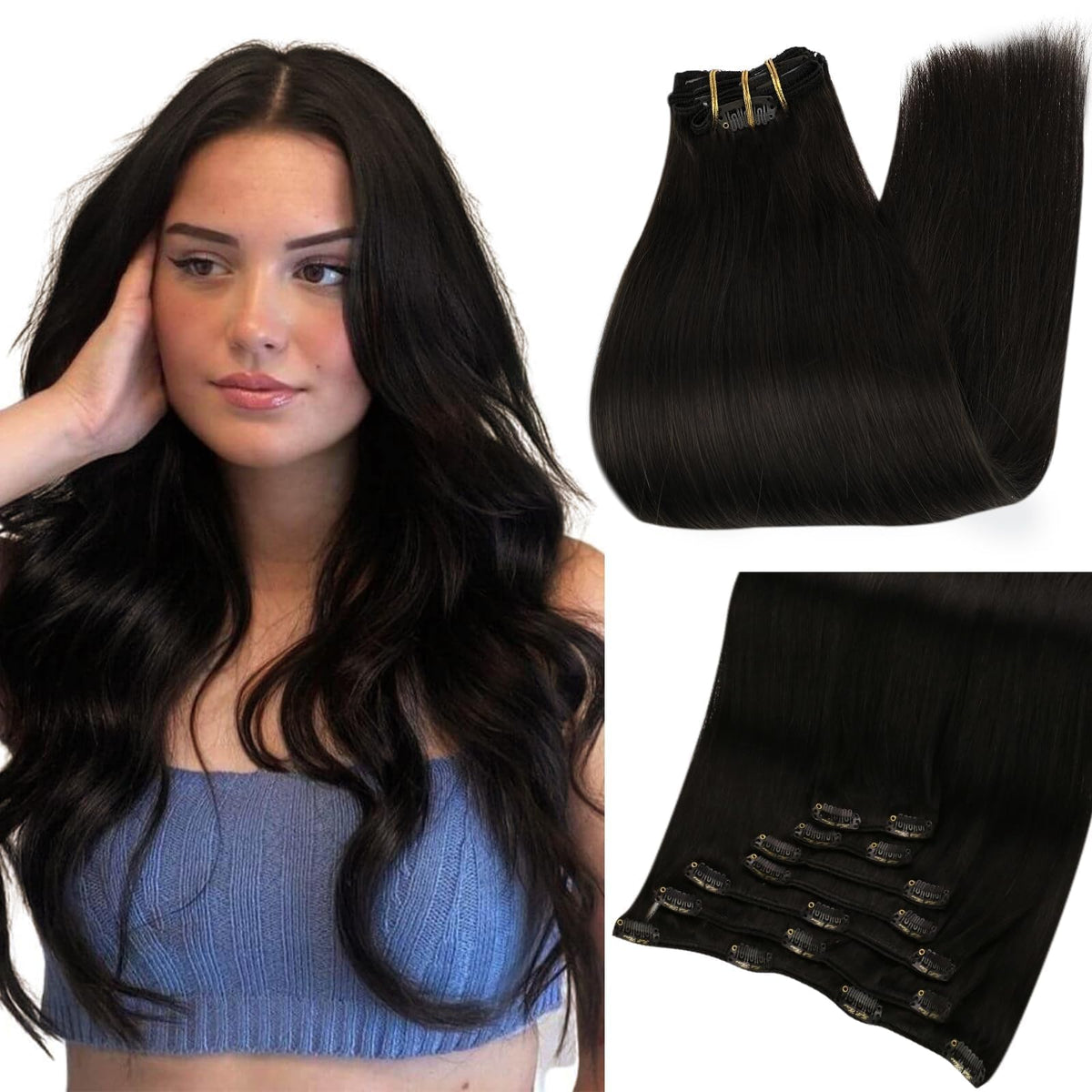 Full Shine 18 Inch Clip in Hair Extensions Dark Black front view