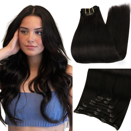 Full Shine 18 Inch Clip in Hair Extensions Dark Black front view