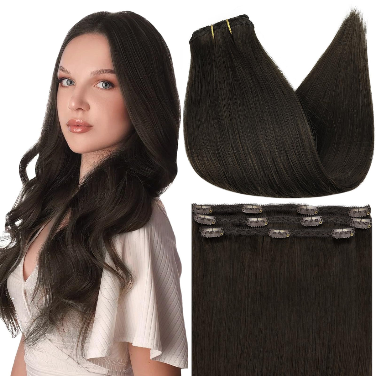 Full Shine 18 Inch Dark Brown Clip in Hair Extensions front view