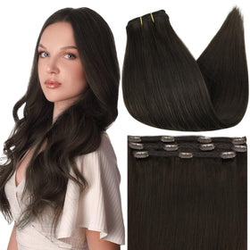 Full Shine 18 Inch Dark Brown Clip in Hair Extensions front view
