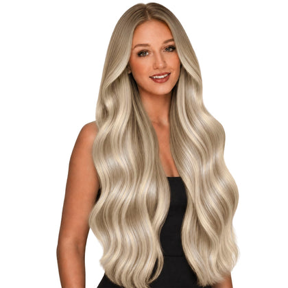 Full Shine 18 Inch Tape In Hair Extensions Ash Blonde Ombre front view
