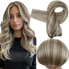 Full Shine 18 Inch Weft Hair Extensions Ash Brown Mix Blonde front view