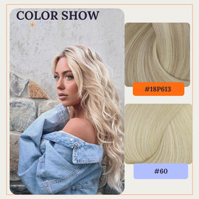 Full Shine 18 Inch Weft Hair Extensions Ash Platinum Blonde styled in a ponytail