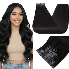 Full Shine 20 Inch Natural Black Clip in Hair Extensions front view