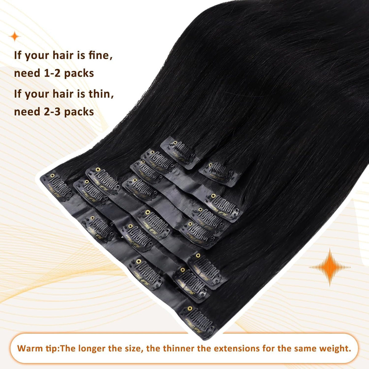 Full Shine 20 Inch Natural Black Clip in Hair Extensions laid flat