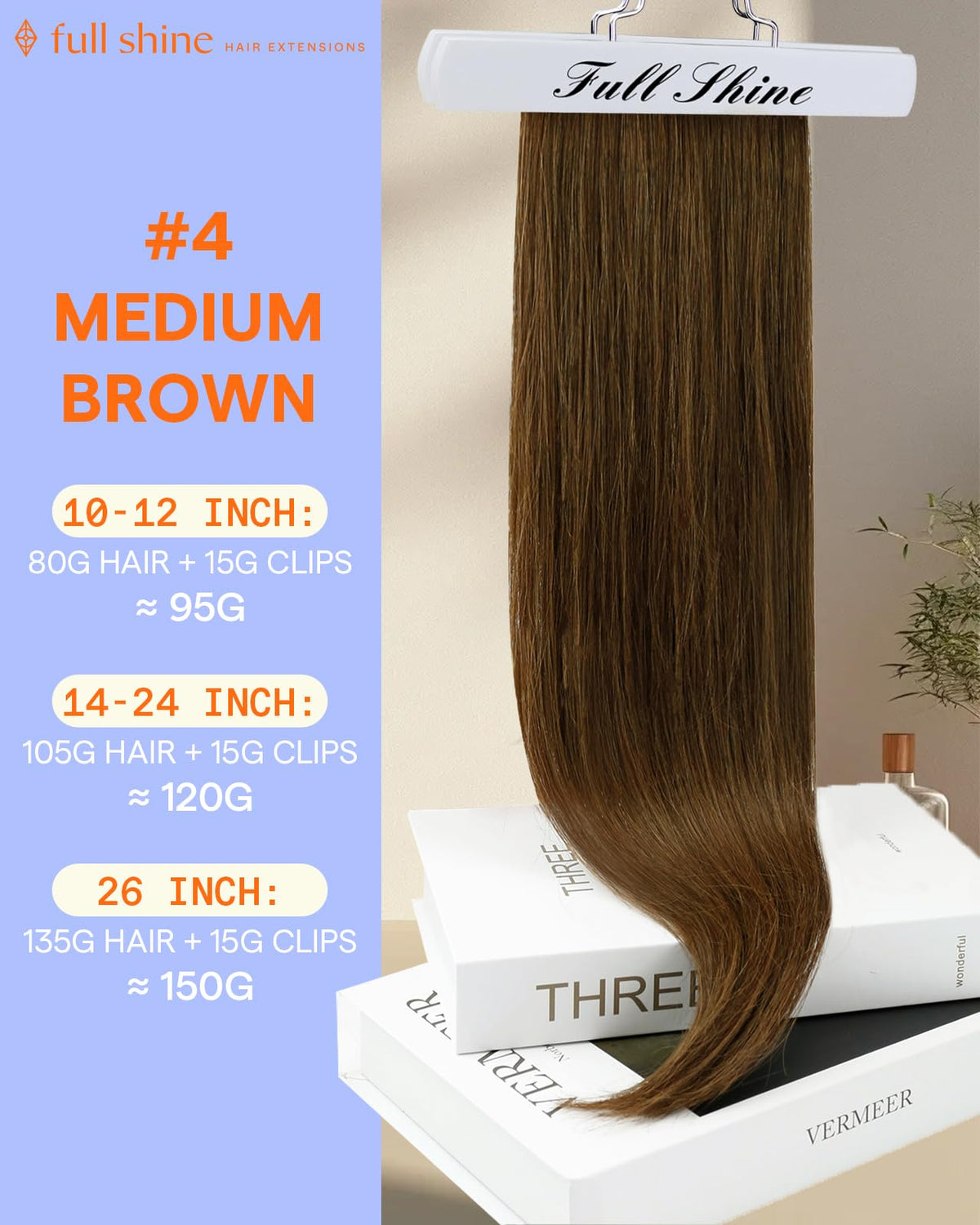 Full Shine 22 Inch Clip in Extensions Brown side view