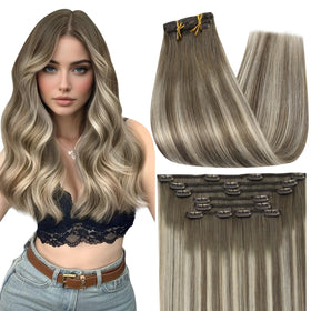 Full Shine 22 Inch Clip in Human Hair Extensions in Cool Blonde front view