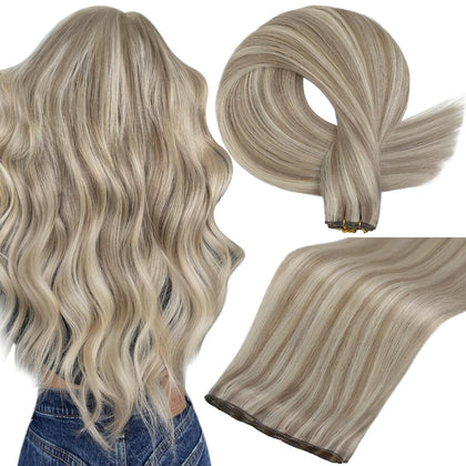 Full Shine 22 Inch Human Hair Weft Extensions Ash Blonde Highlight front view