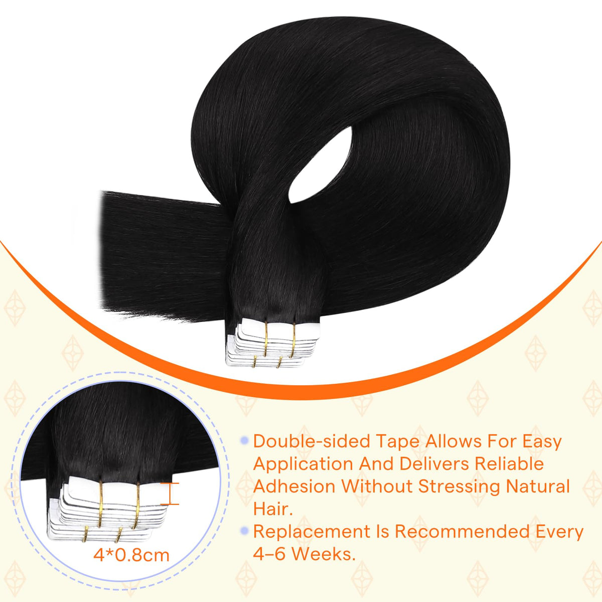 Full Shine 22 Inch Jet Black Tape in Hair Extensions displayed on a model