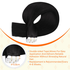 Full Shine 22 Inch Jet Black Tape in Hair Extensions displayed on a model