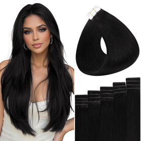 Full Shine 22 Inch Jet Black Tape in Hair Extensions front view